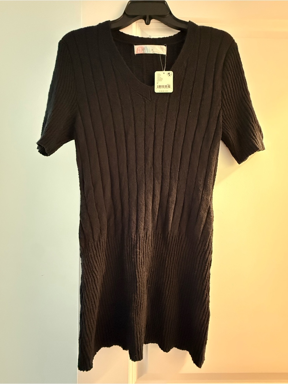 Free People Black Ribbed Knit Short-Sleeve Dress
